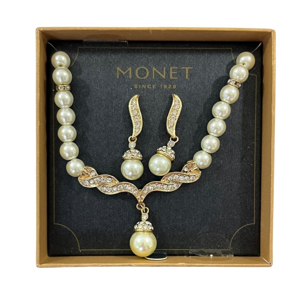 Monet Simulated Pearl and Crystal Necklace & Earring Set Vintage in Original Box